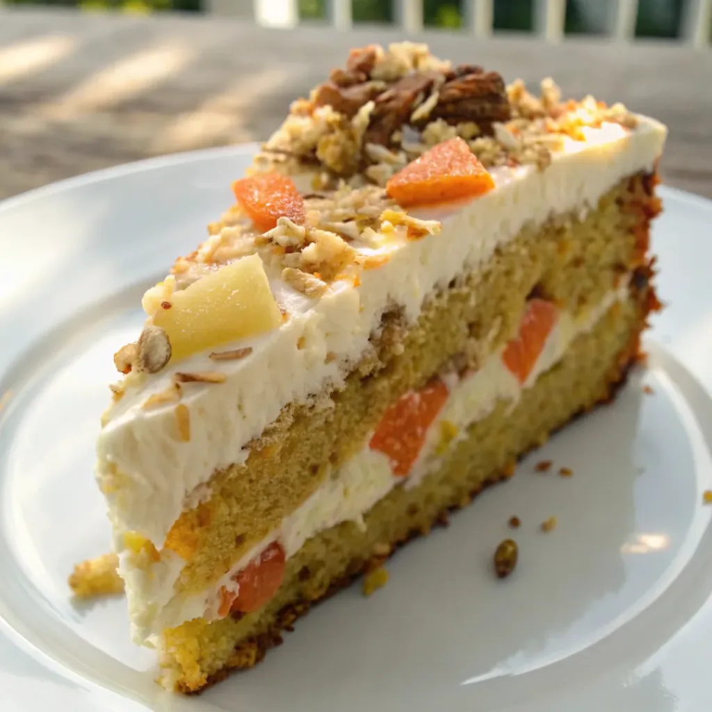 Slice of Pineapple Carrot Cream Cake on plate