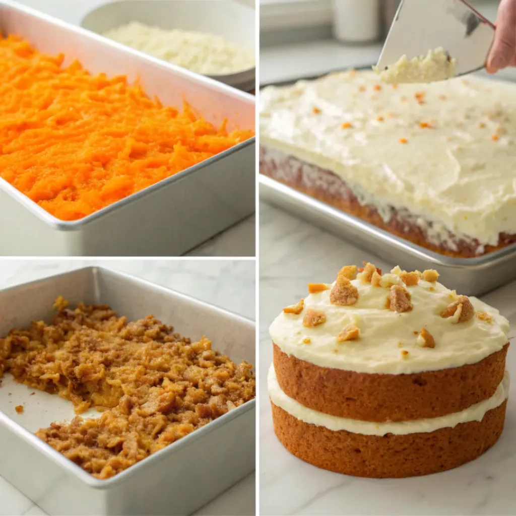 Collage of making Pineapple Carrot Cream Cake
