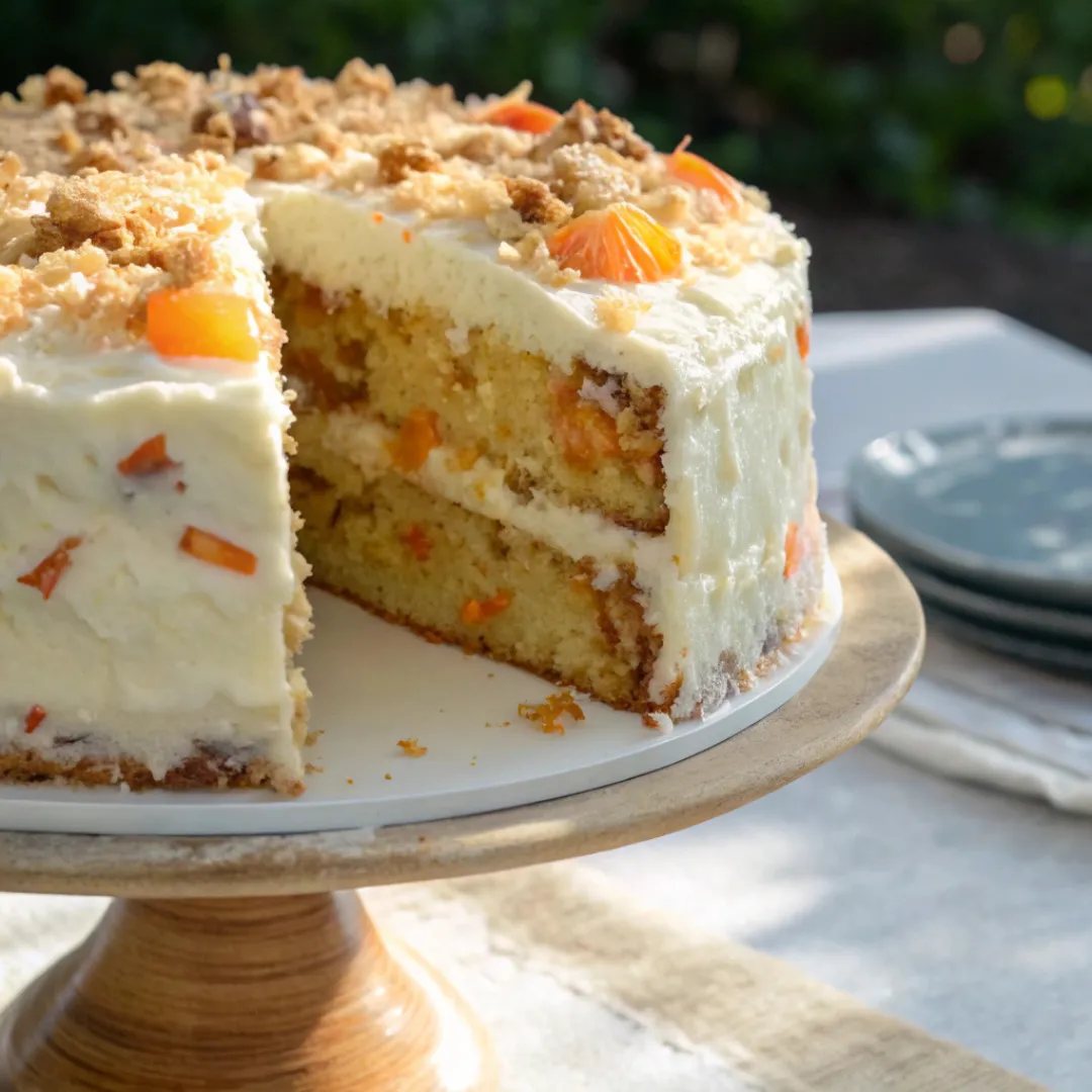 Close-up of layered Pineapple Carrot Cream Cake with frosting