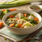 Potsticker Soup in a bowl with dumplings and vegetables