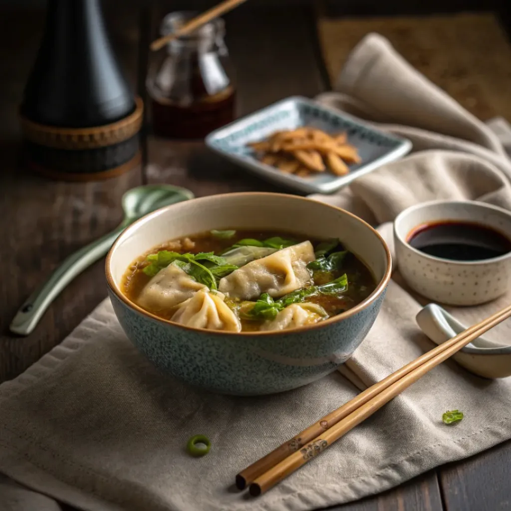 Potsticker Soup served with chopsticks