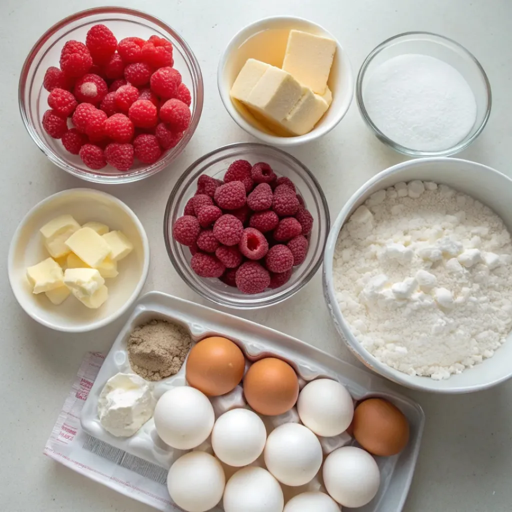 Raspberry Marshmallow Slice ingredients flat lay