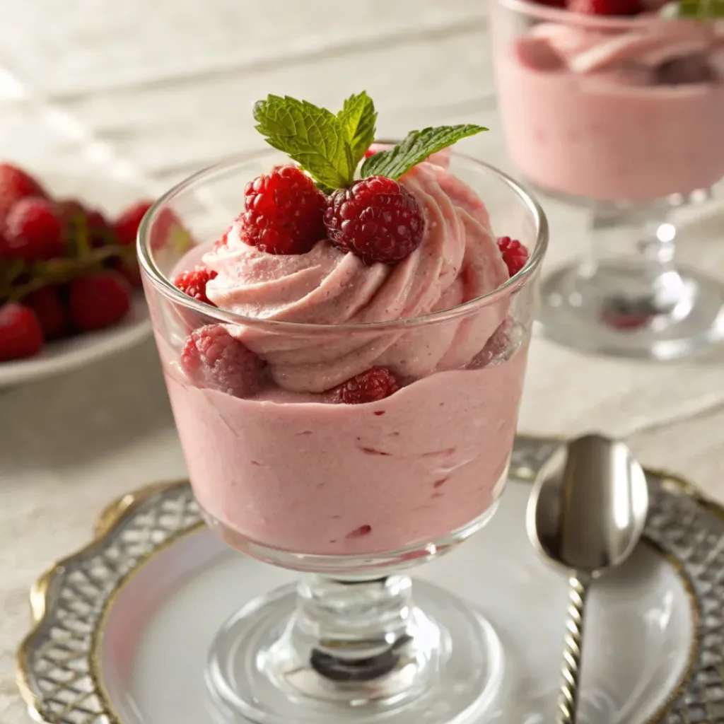 Raspberry mousse in a glass cup with fresh raspberries