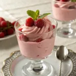 Raspberry mousse in a glass cup with fresh raspberries