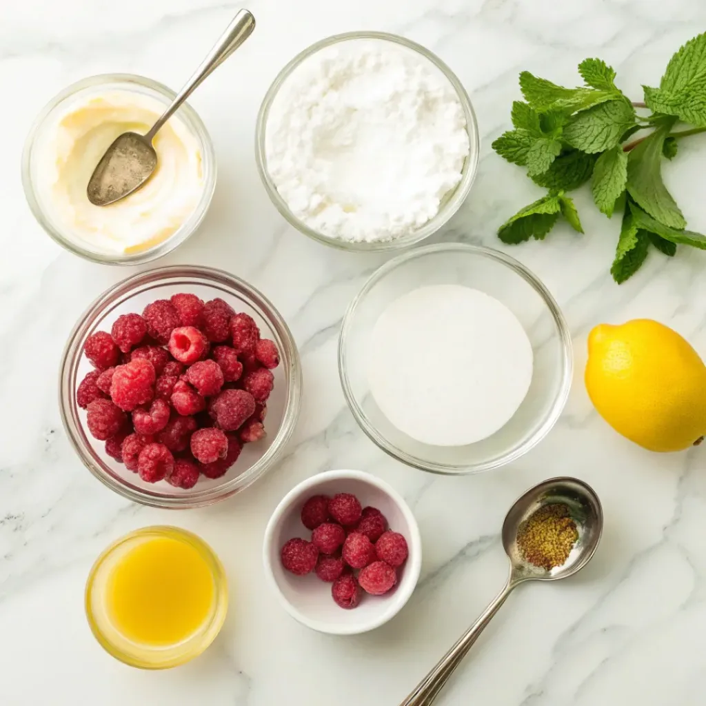 Raspberry mousse ingredients flat lay