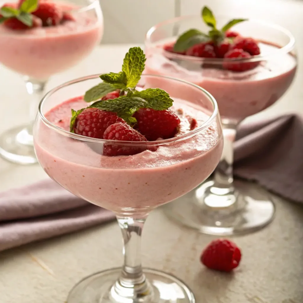 Raspberry mousse served in glasses with fresh raspberries