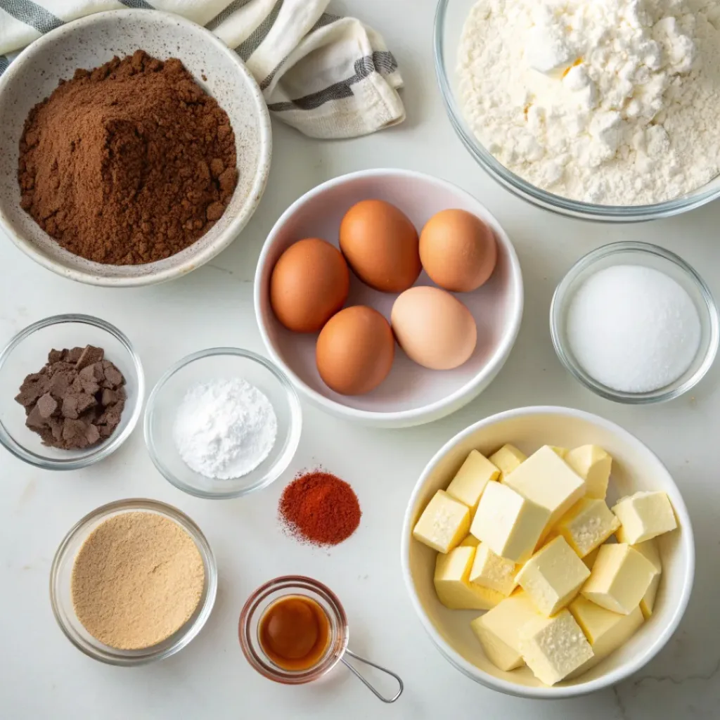 Red Velvet Brownies ingredients flat lay