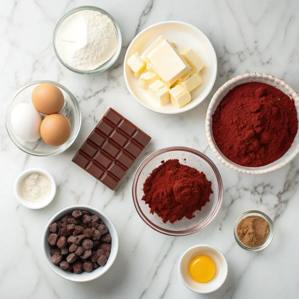 Red Velvet Marble Bars – Soft, Fudgy, and Beautifully Swirled 6 Flat lay of ingredients for red velvet marble bars