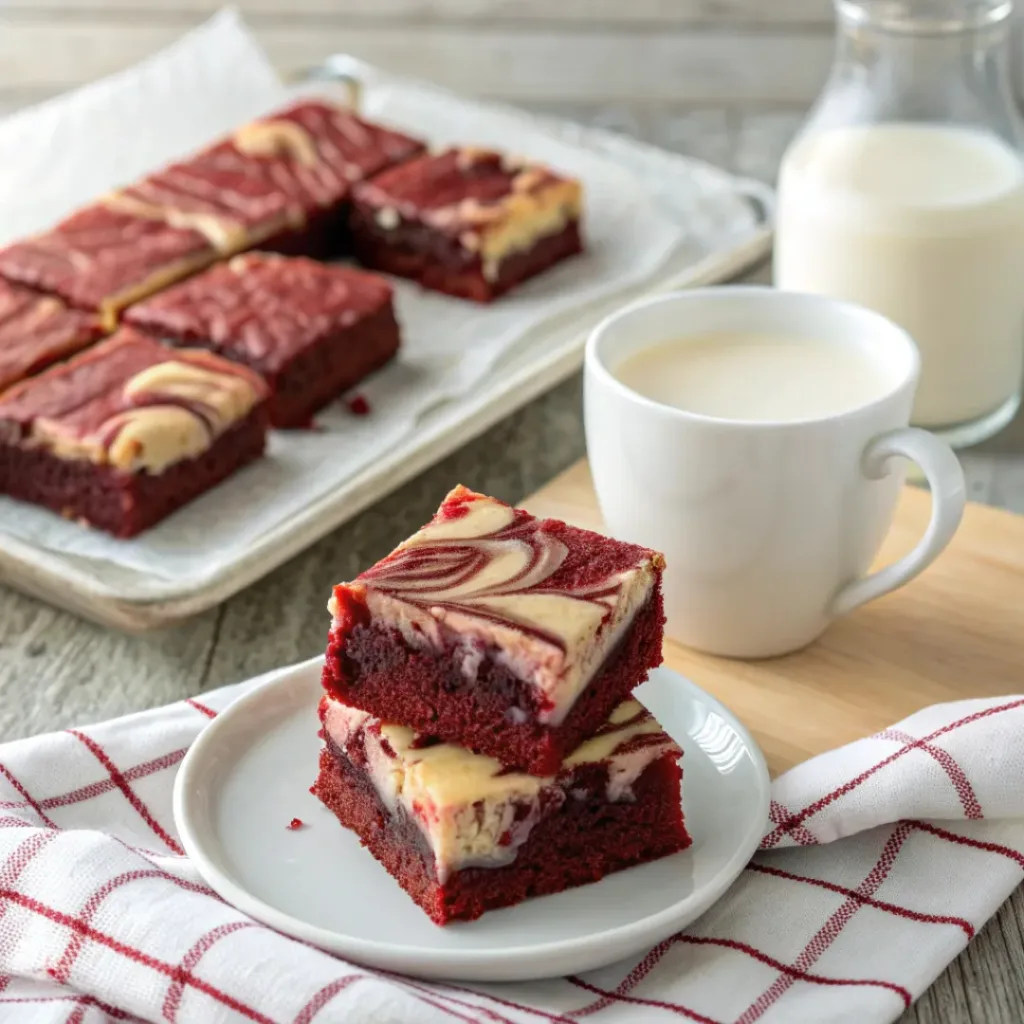 Red Velvet Marble Bars – Soft, Fudgy, and Beautifully Swirled 8 Red Velvet Marble Bars served with a cup of milk