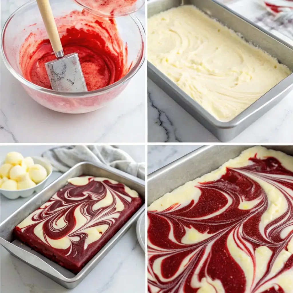 Red Velvet Marble Bars – Soft, Fudgy, and Beautifully Swirled 7 Step-by-step collage of making red velvet marble bars