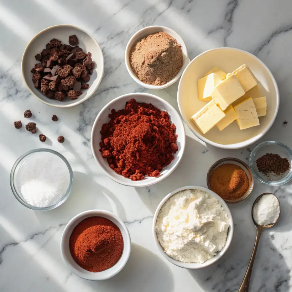 Red Velvet Truffles – Creamy, Decadent & Bite-Sized 6 Flat lay of ingredients for Red Velvet Truffles.
