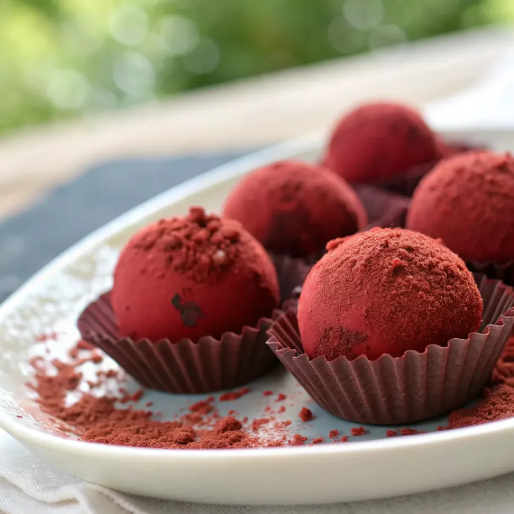 Red Velvet Truffles – Creamy, Decadent & Bite-Sized 8 Red Velvet Truffles served on a plate