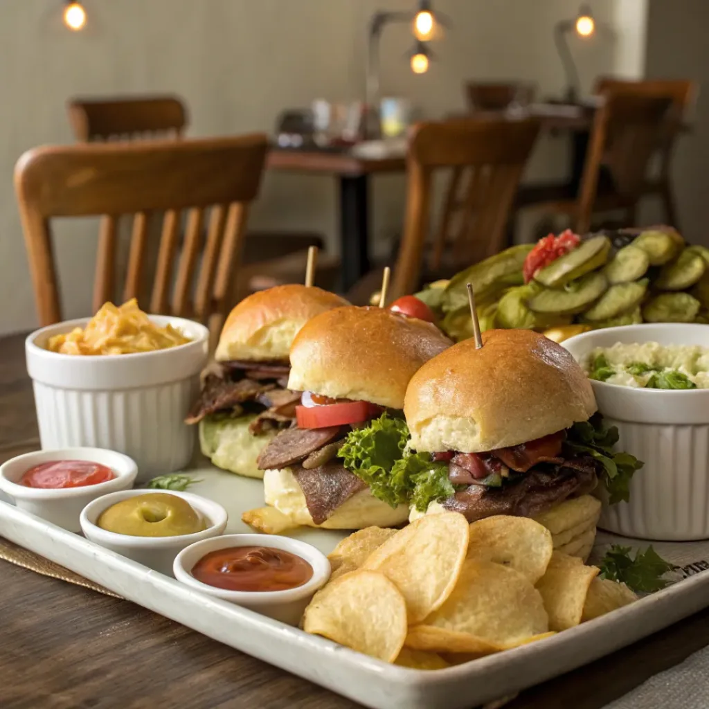 Roast Beef Sliders served on a platter with sides