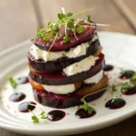 Close-up of layered Roasted Beet and Feta Stack on plate