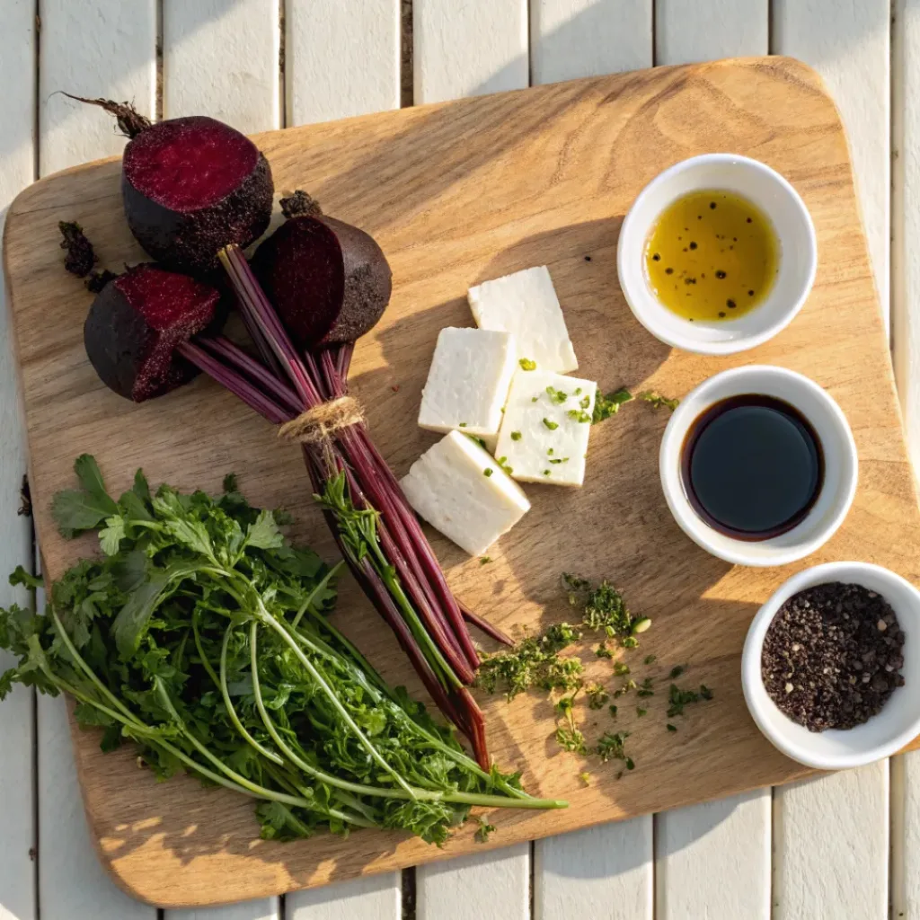 Flat lay of Roasted Beet and Feta Stack ingredients