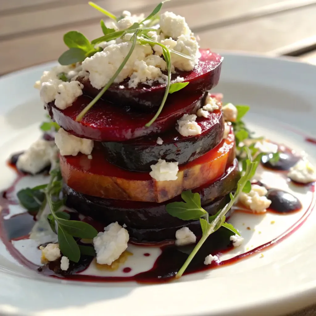 Served Roasted Beet and Feta Stack on plate with balsamic glaze