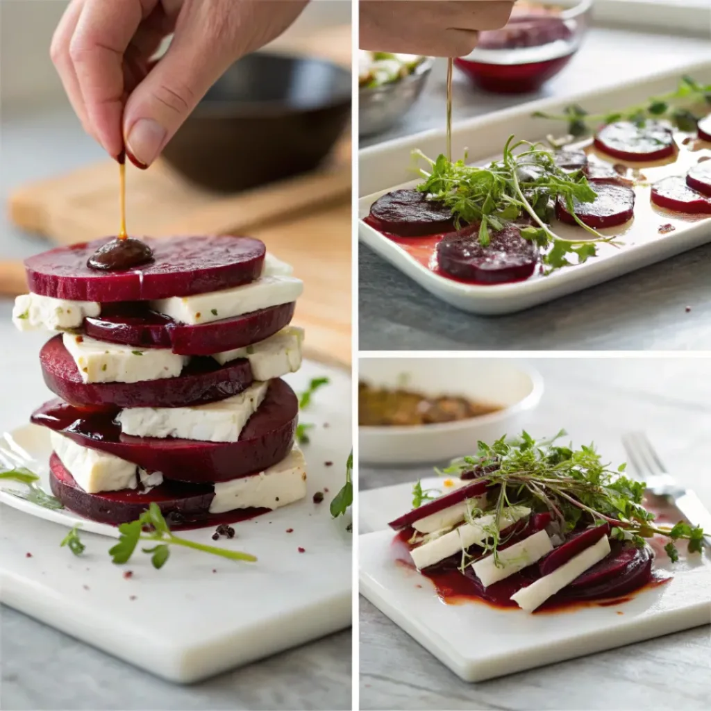 Collage of making Roasted Beet and Feta Stack