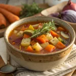 Bowl of Roasted Winter Vegetable Soup with roasted vegetables and herbs
