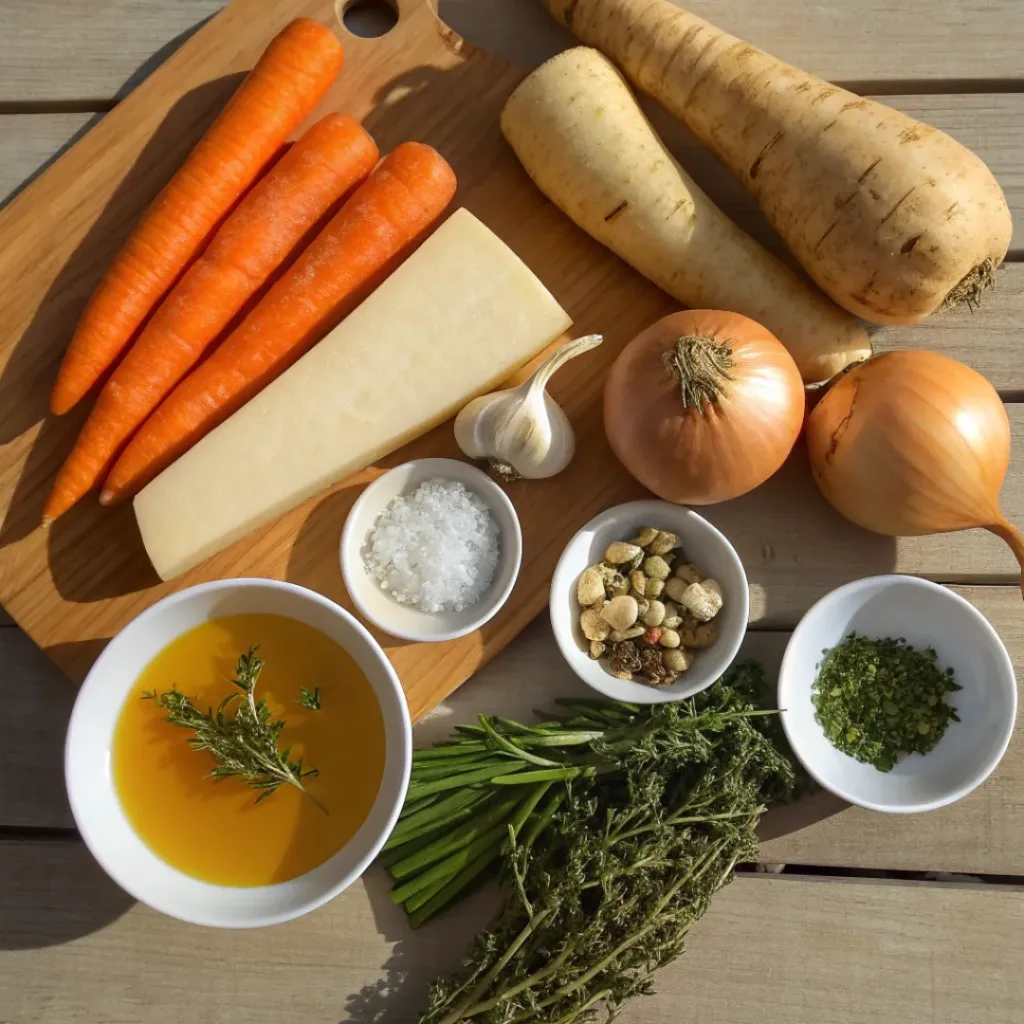 Flat lay of Roasted Winter Vegetable Soup ingredients