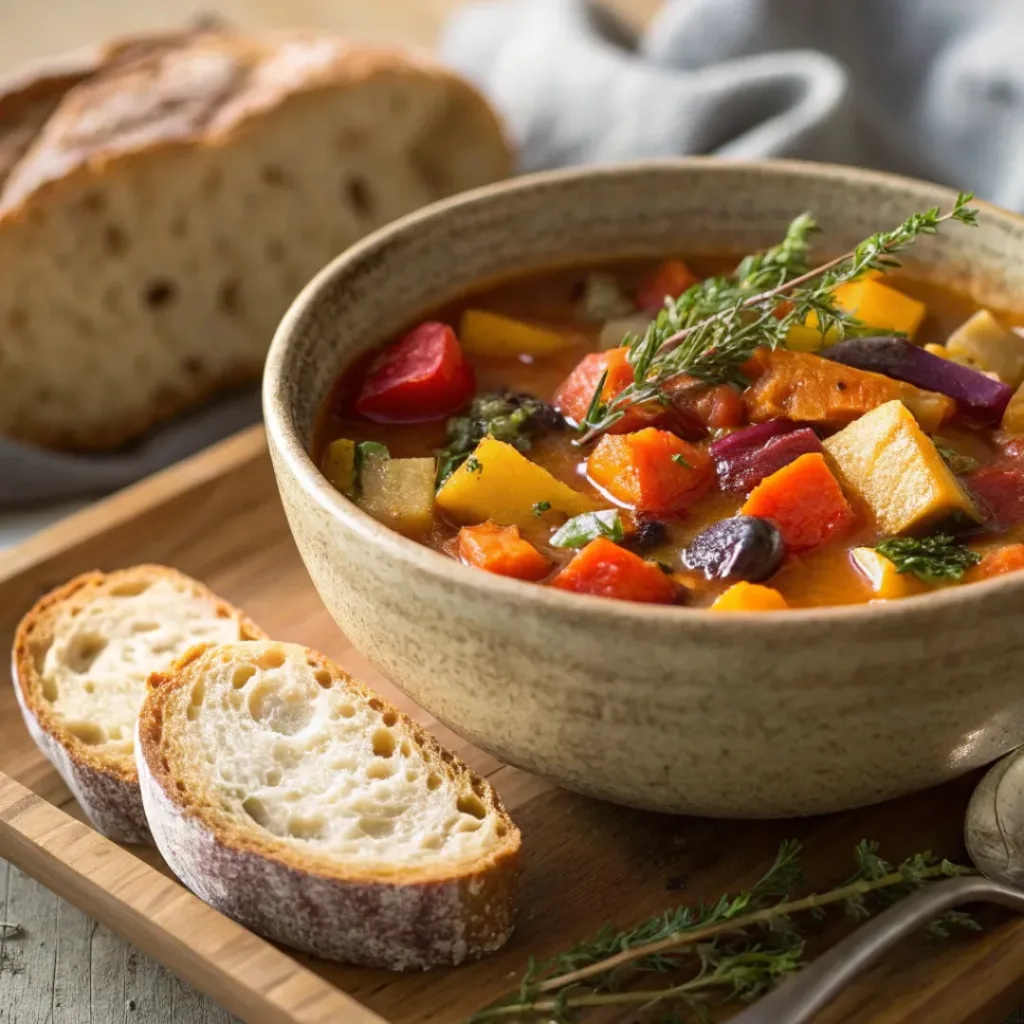 Served Roasted Winter Vegetable Soup in bowl with herbs and bread