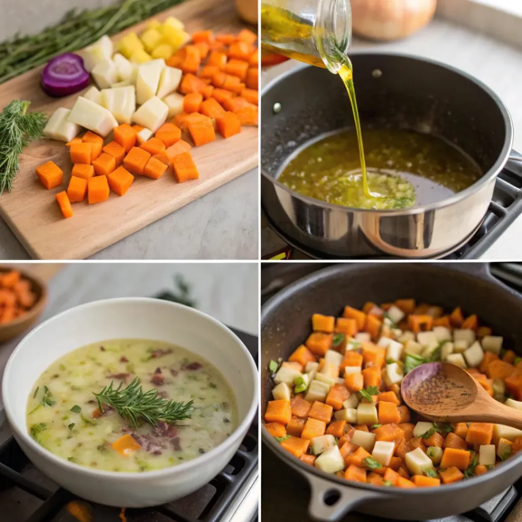 Collage showing the process of making Roasted Winter Vegetable Soup