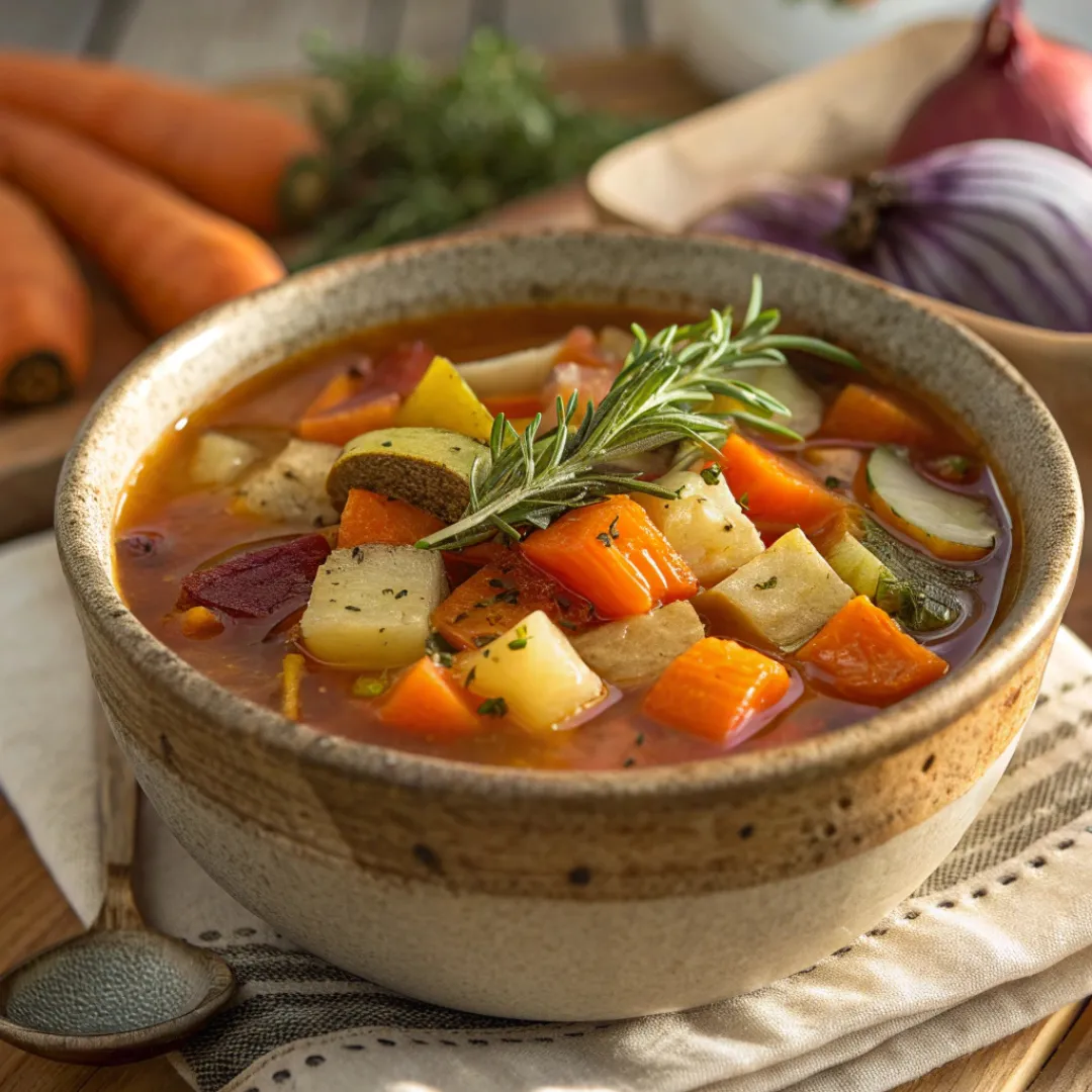 Bowl of Roasted Winter Vegetable Soup with roasted vegetables and herbs