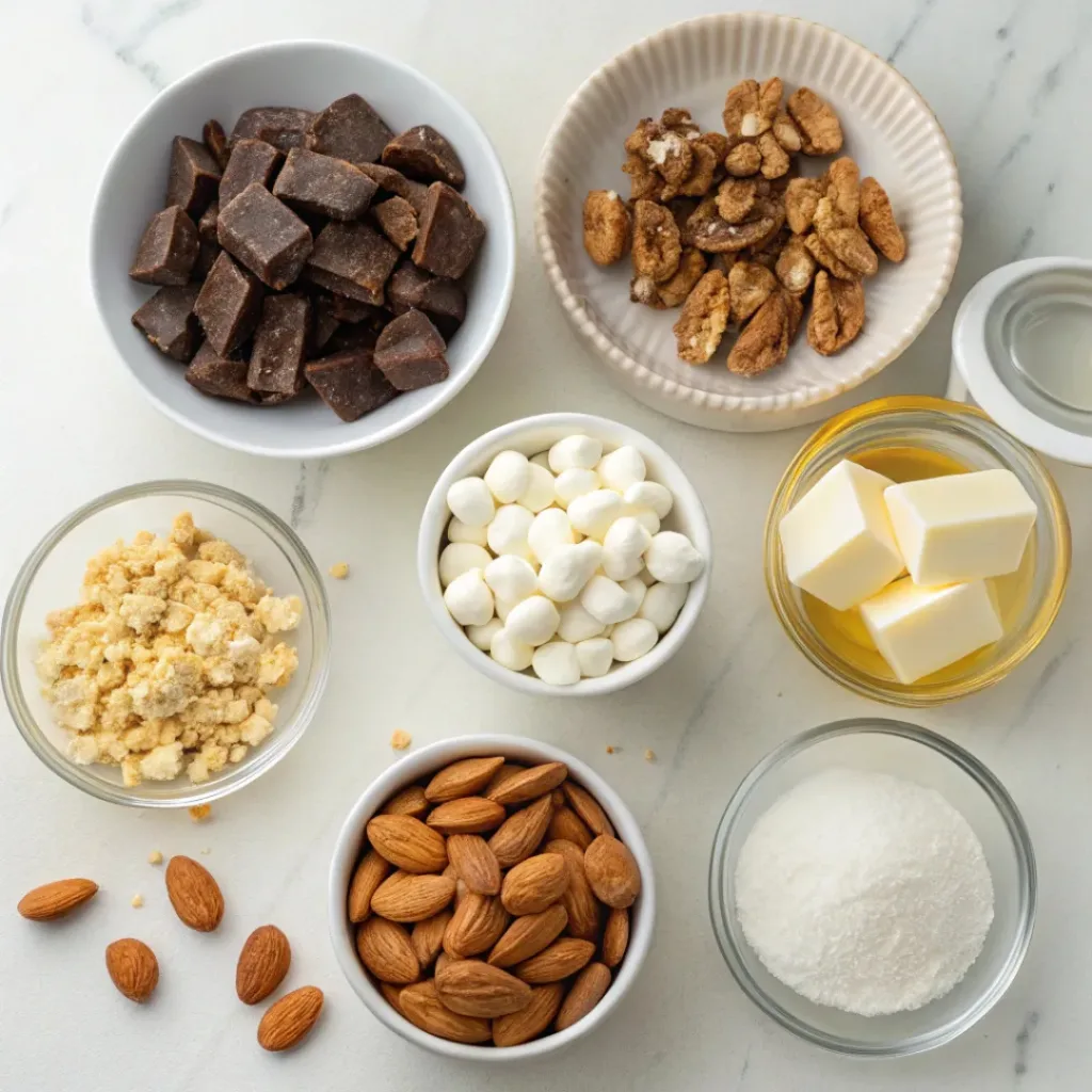 Rocky Road Bars ingredients flat lay
