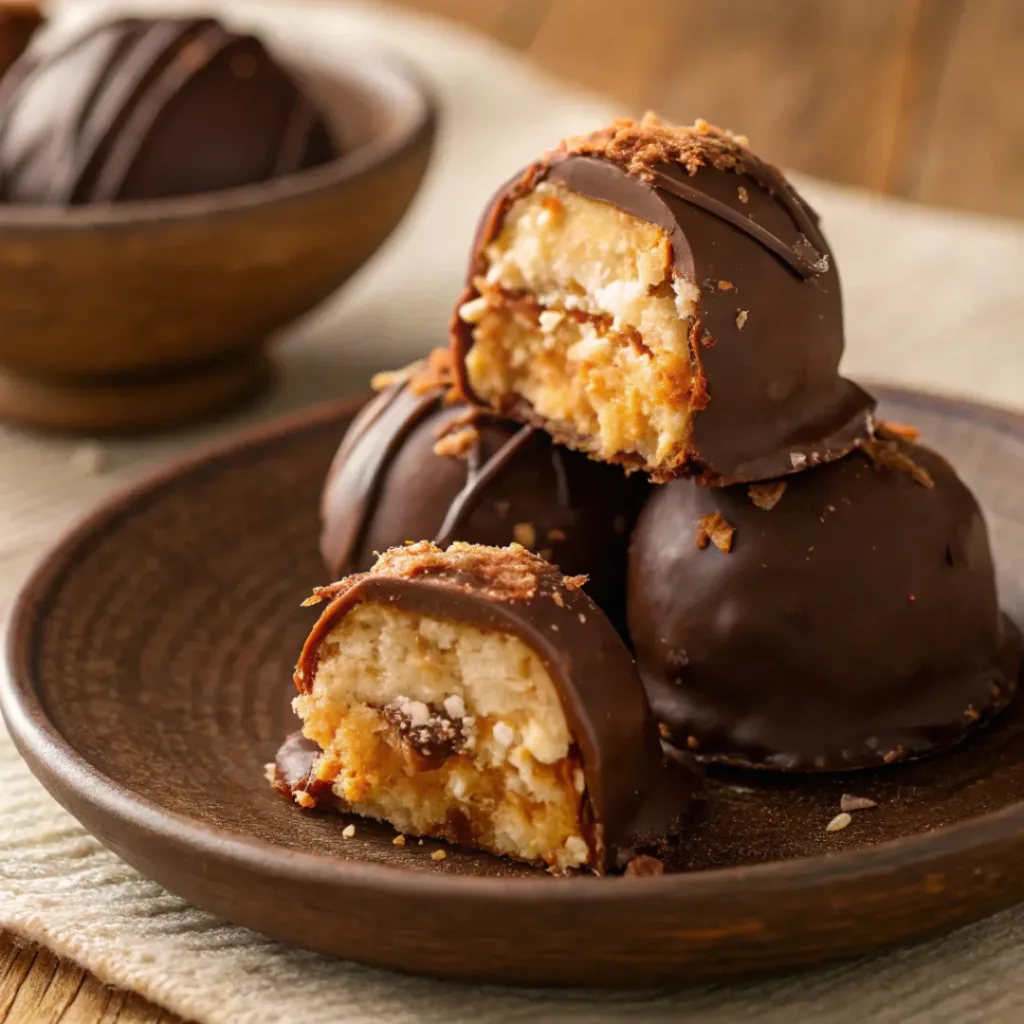 Samoa truffles with chocolate, caramel, and coconut