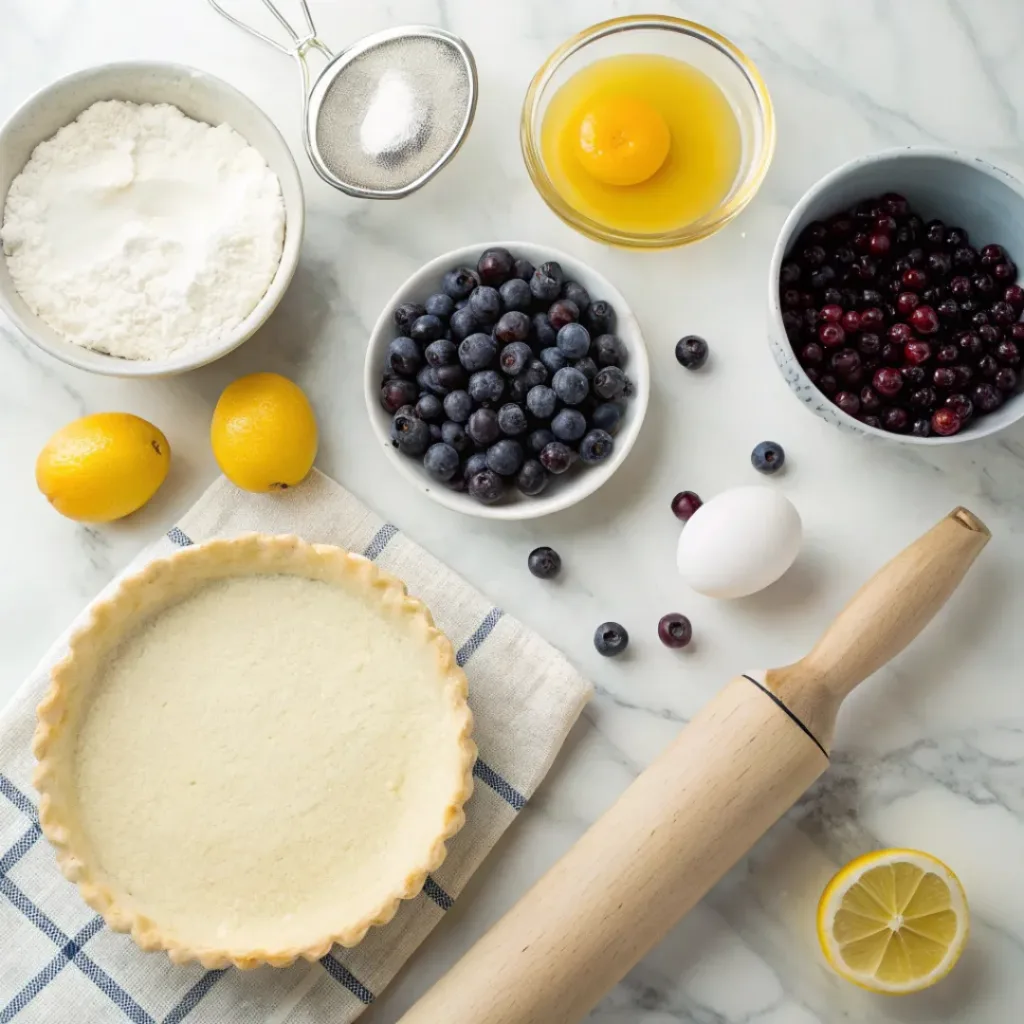 Saskatoon Berry Pie ingredients flat lay