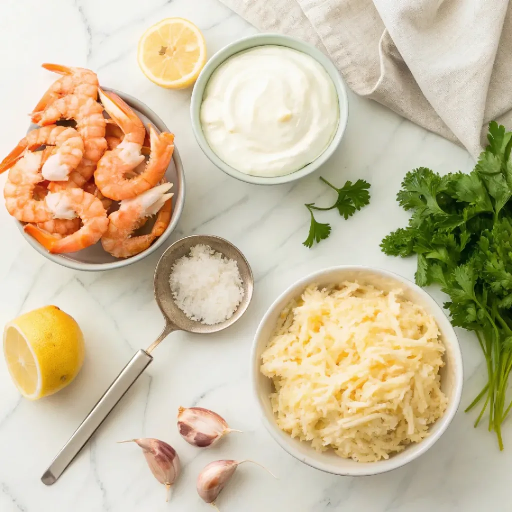 Creamy Shrimp and Crab Dip ingredients flat lay