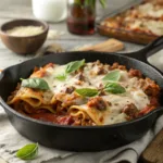 Skillet lasagna with melted cheese and fresh basil
