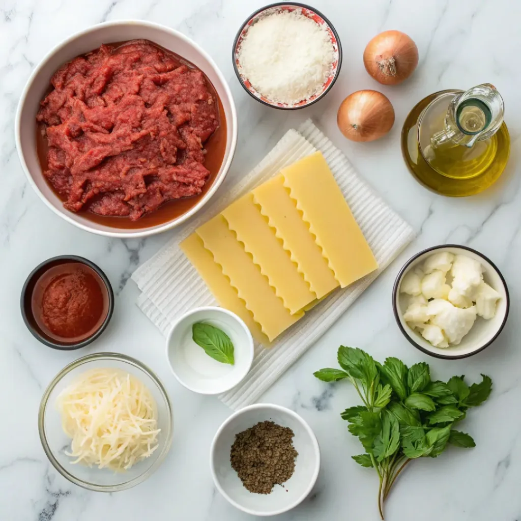 Flat lay of ingredients for skillet lasagna