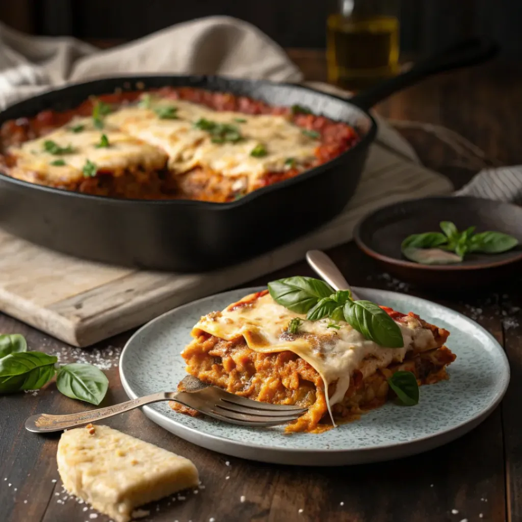 Skillet lasagna served with melted cheese and basil