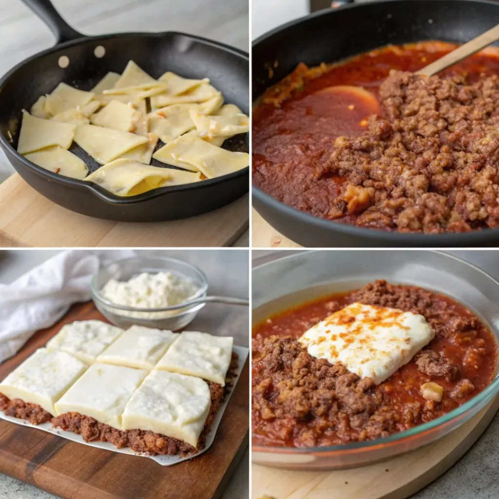 Step-by-step collage of making skillet lasagna