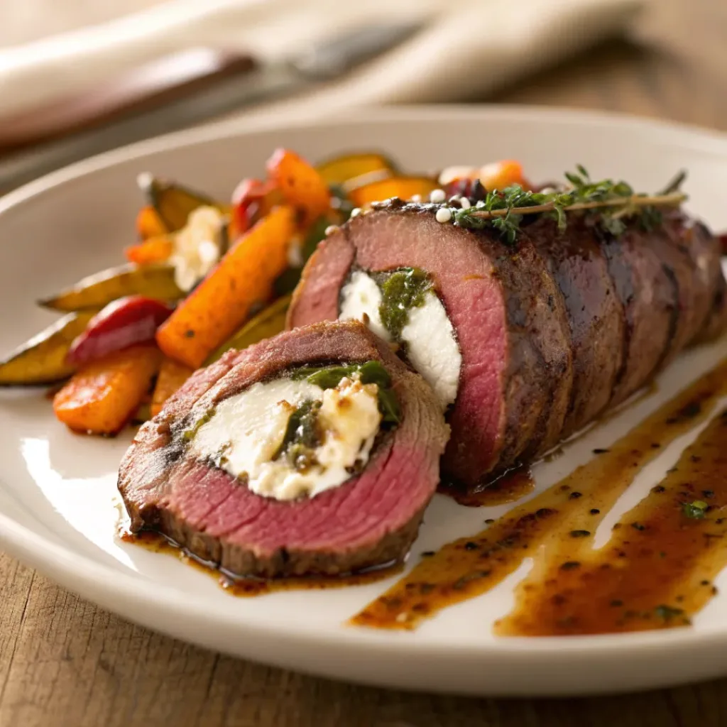 Sliced stuffed beef tenderloin served with roasted vegetables