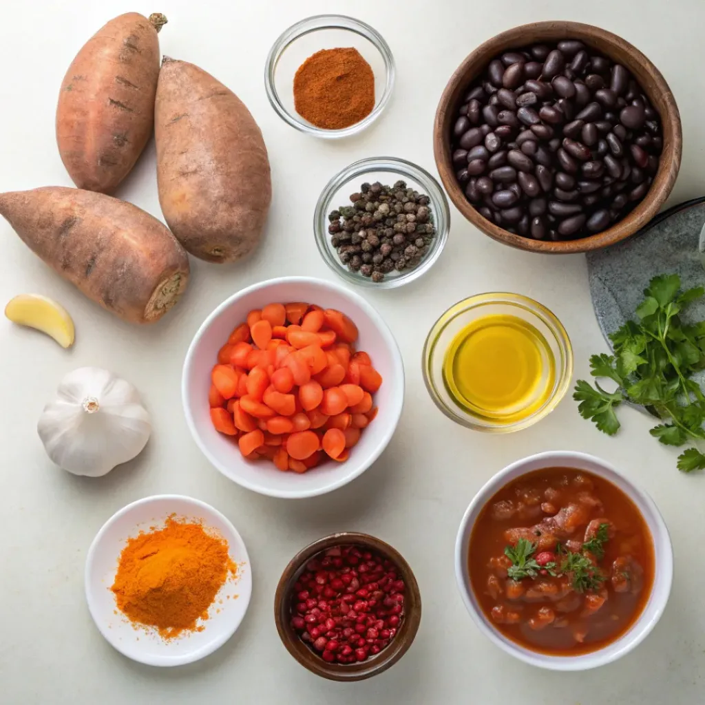 Sweet Potato Chili ingredients flat lay