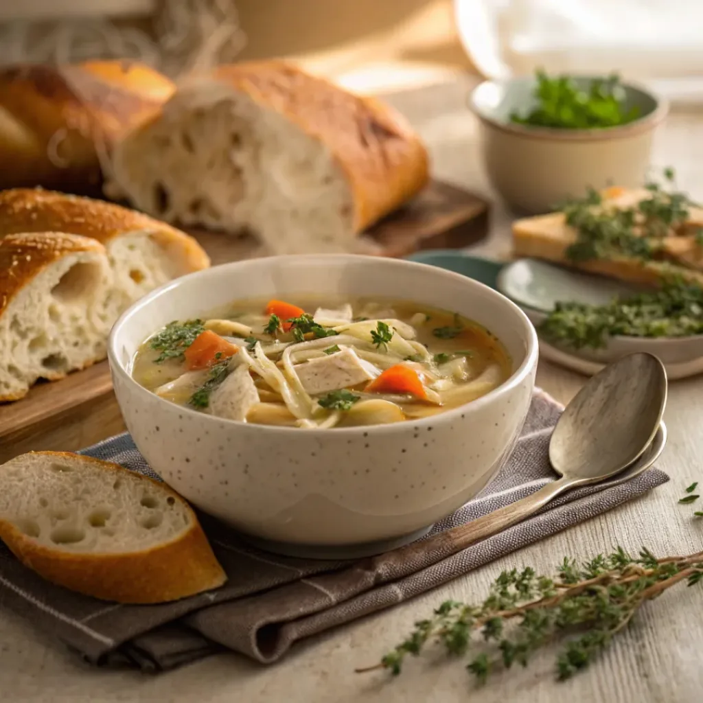 Turkey noodle soup served with bread