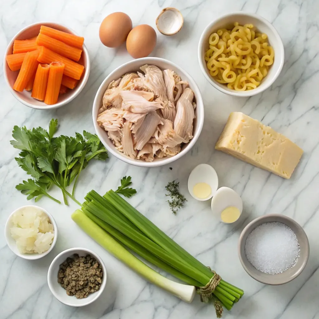 Slow Cooker Turkey Noodle Soup ingredients flat lay