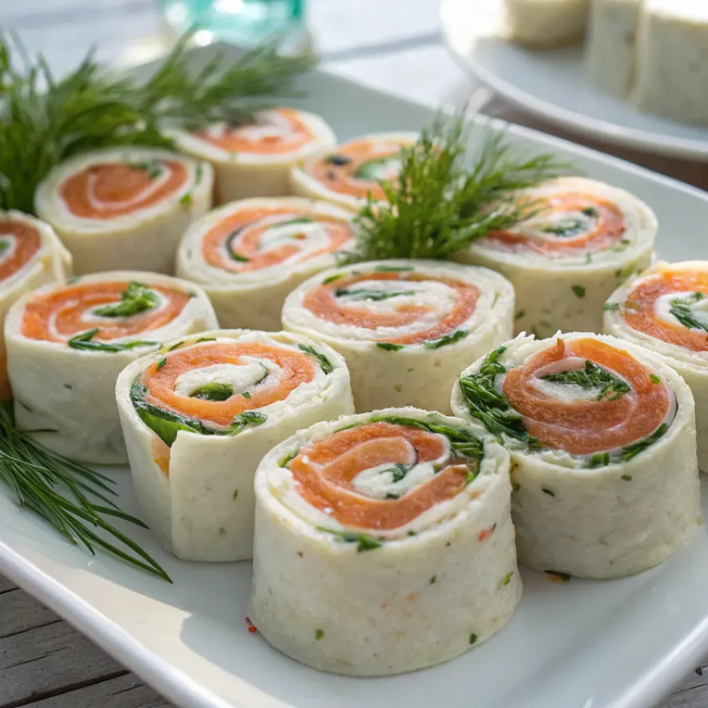 Smoked Salmon Pinwheels on platter