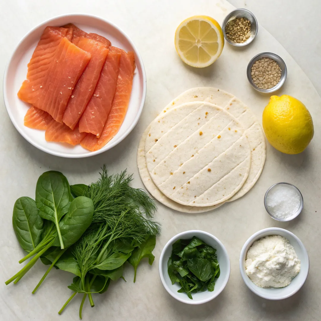 Easy Smoked Salmon Pinwheels 6 Smoked Salmon Pinwheels ingredients flat lay