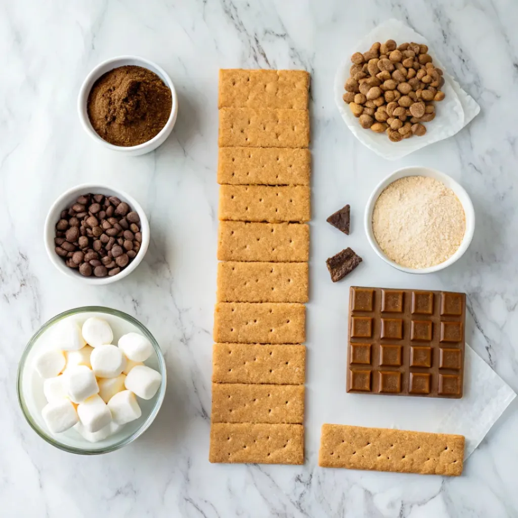 Gooey S’mores Roll-Ups 6 Flat lay of ingredients for s’mores roll-ups