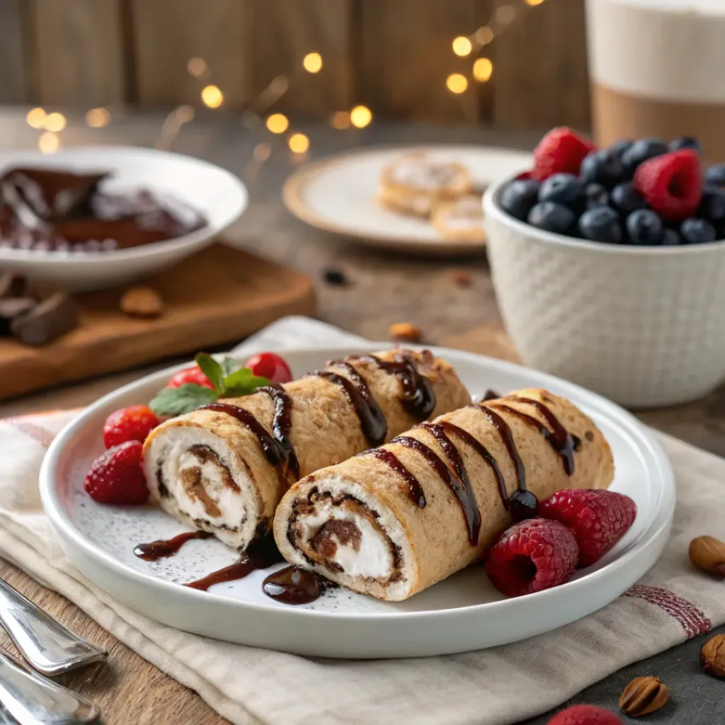 Gooey S’mores Roll-Ups 8 S’mores Roll-Ups served with chocolate drizzle and berries