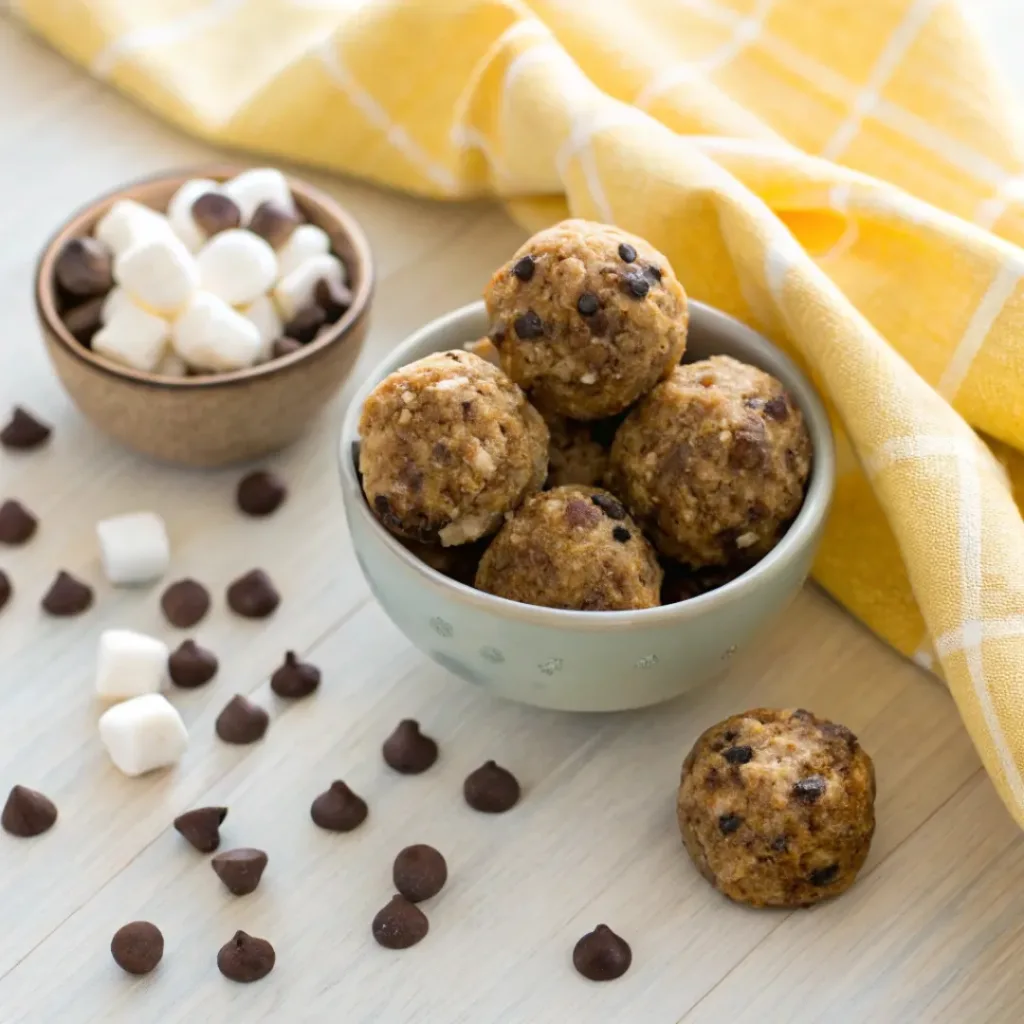 S’mores protein balls served in a bowl with chocolate and marshmallows