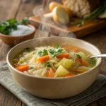 Bowl of hearty Sour Cabbage Soup with vegetables