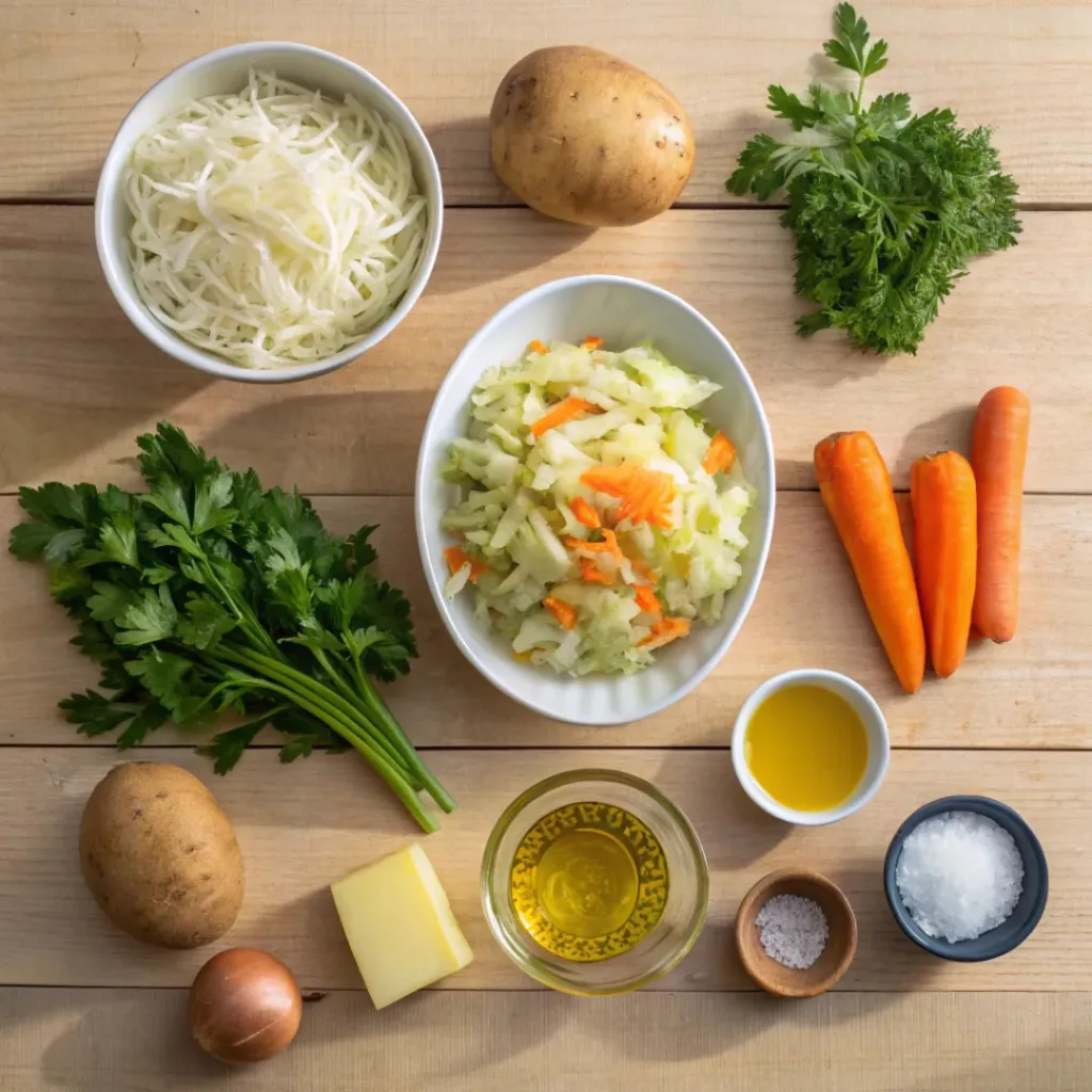 Flat lay of fresh ingredients for Sour Cabbage Soup