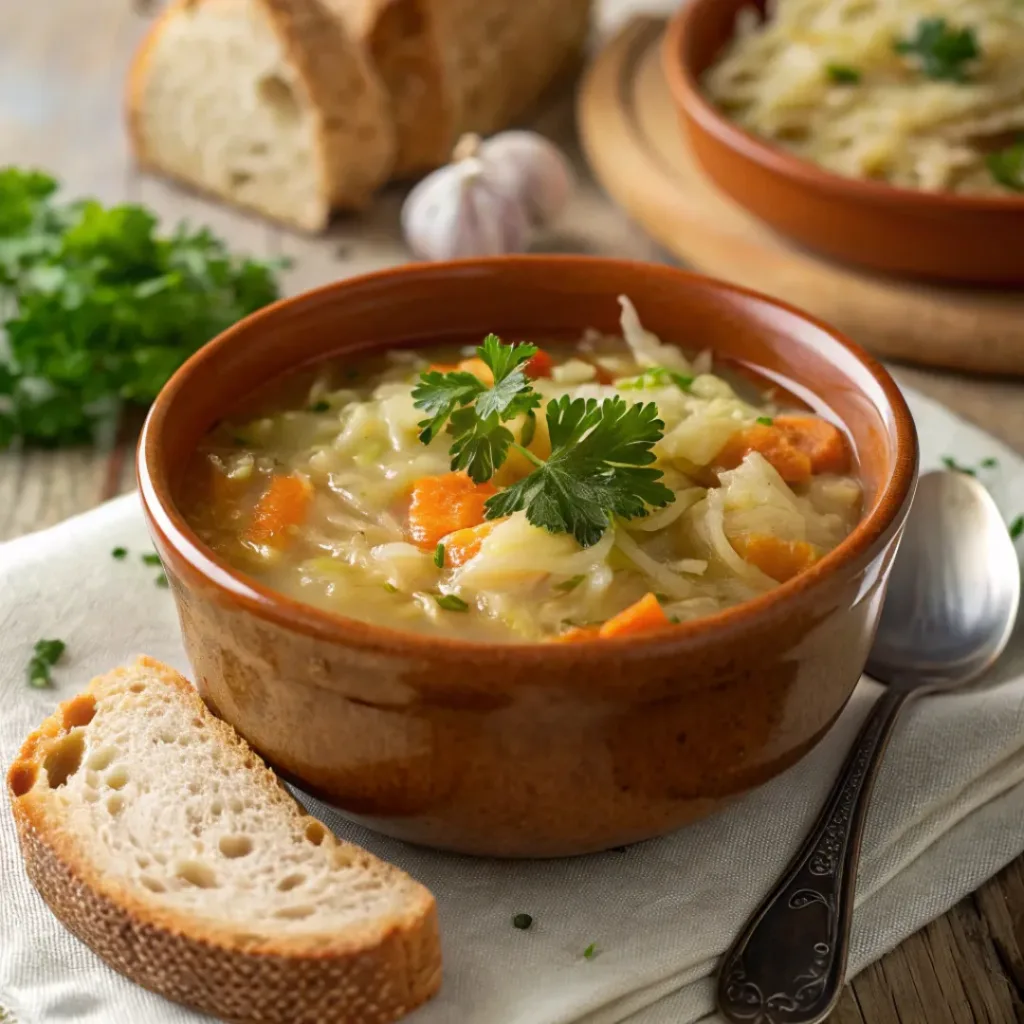 Served Sour Cabbage Soup with crusty bread