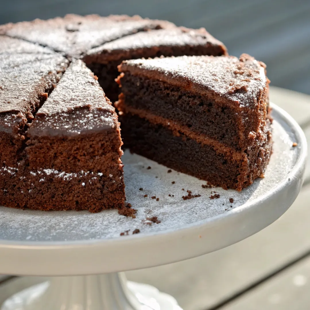 Sliced Sourdough Chocolate Cake on cake stand
