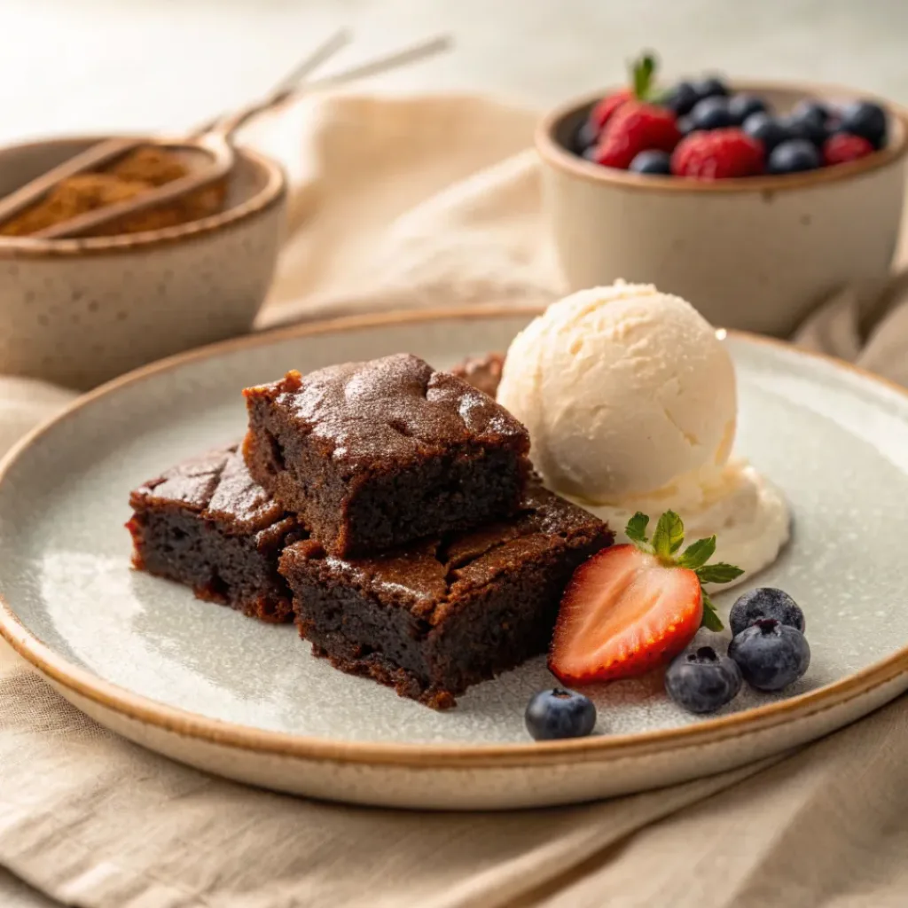 Sourdough Discard Brownies served with ice cream