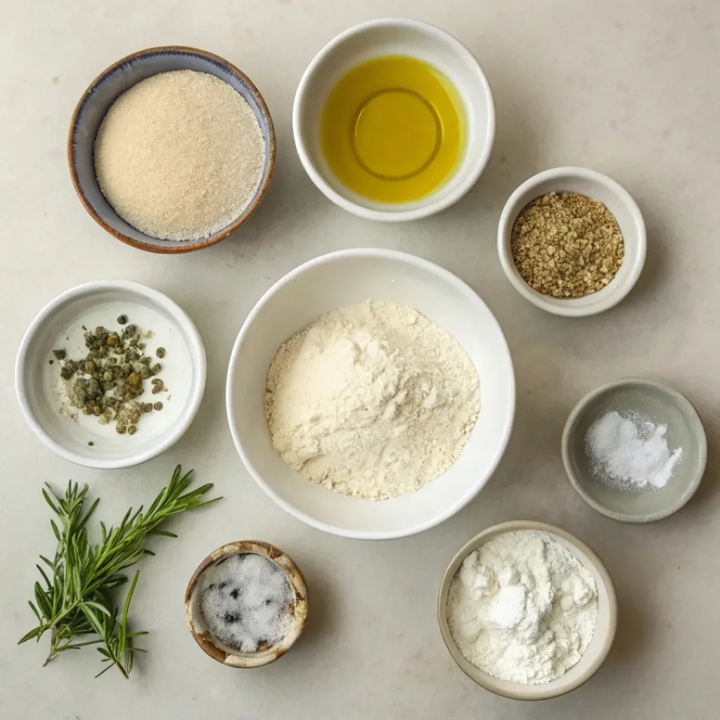 Sourdough Discard Focaccia – Easy & Flavorful Bread 6 Sourdough Discard Focaccia ingredients flat lay