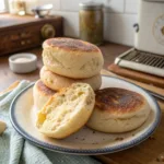Sourdough English Muffins stacked with a sliced muffin showing texture